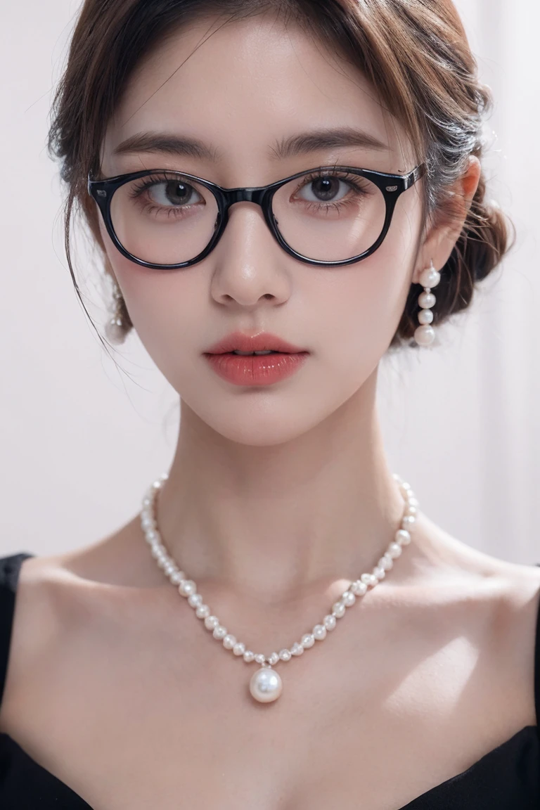 Beautiful woman looking down at her phone, close-up profile of her face, woman in black dress, pearl earrings and necklace, wearing glasses, intense and longing gaze, high-quality realistic portrait photos, natural skin tone, soft lighting, shallow depth of field, photo level realism, 8k, super details, complex details