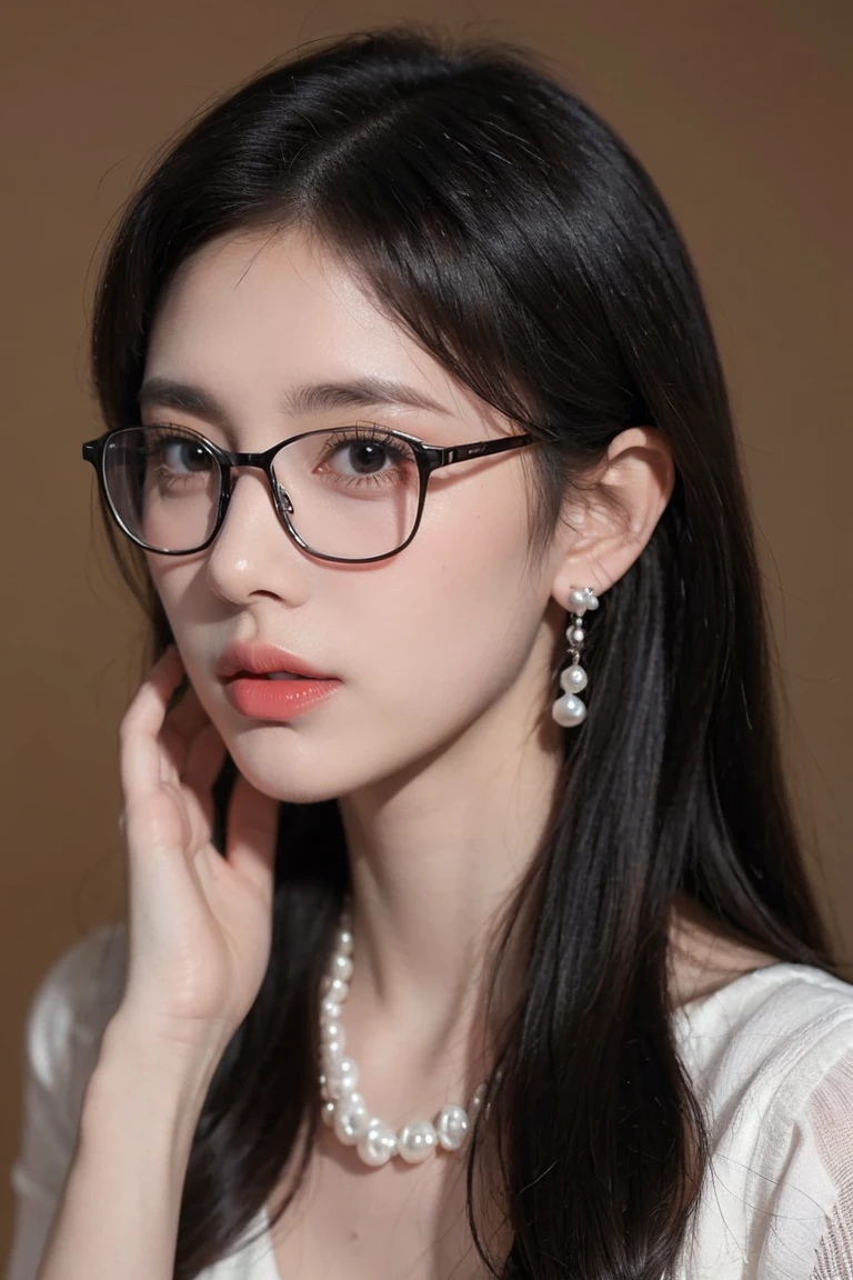 Beautiful woman looking down at her phone, close-up profile of her face, woman in black dress, pearl earrings and necklace, wearing glasses, intense and longing gaze, high-quality realistic portrait photos, natural skin tone, soft lighting, shallow depth of field, photo level realism, 8k, super details, complex details