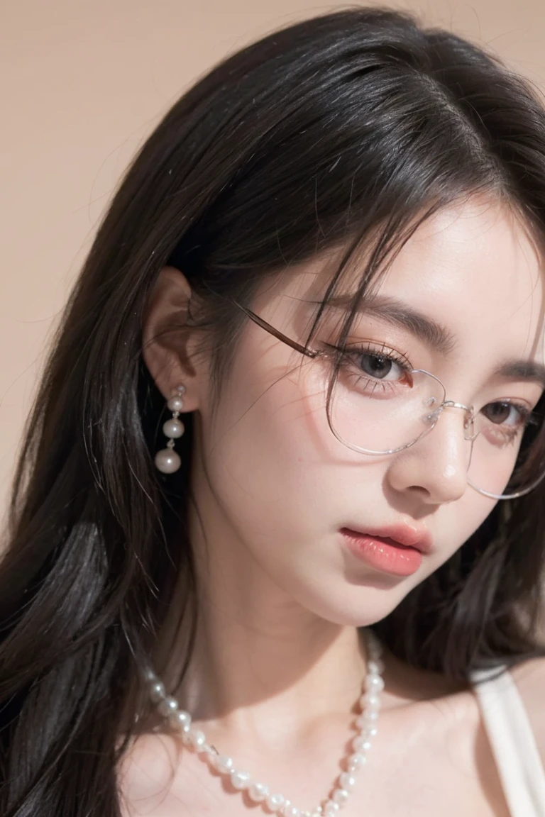Beautiful woman looking down at her phone, close-up profile of her face, woman in black dress, pearl earrings and necklace, wearing glasses, intense and longing gaze, high-quality realistic portrait photos, natural skin tone, soft lighting, shallow depth of field, photo level realism, 8k, super details, complex details