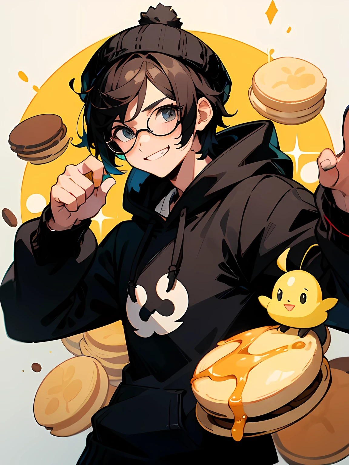 solo,upperbody,(man),black very short hair,parted bangs,black glasses,grin,male's eyes,male's nose,male's mouth,brother、(Handsome face)、Black knitted hat、Black hoodie、fighting stance,cute Chick,Cute, delicious, honey pancakes, (illustration), comic art style,