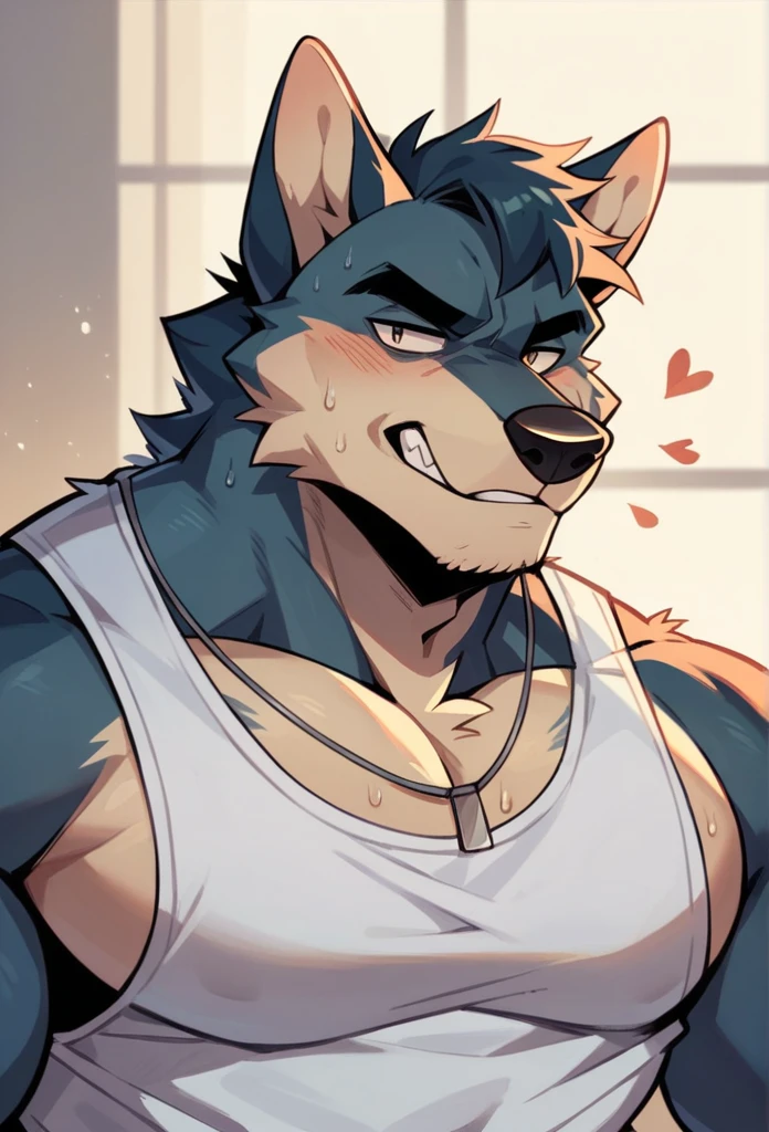 Fat, gassy, visibly stupid anthro wolf who’s a southern trucker wearing a stained, white tank top letting out a huge, disgusting belch in a thin anthro wolf’s face high resolution best quality. Make this character look like he’s very unintelligent