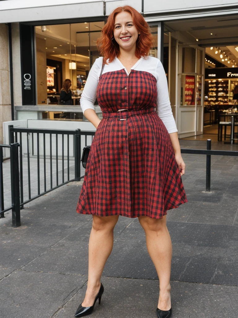 Xyrele, 1girl, solo, 30 years old, (((French face))), (((French nose))), (((French lips))), ((((chubby)))), (((wide hips))), (((red hair))), crinkly short hair, wearing checkered black designed modern dress wear, ((Background: Shopping at the outdoor mall)), ((upper body and upper legs)), smiling