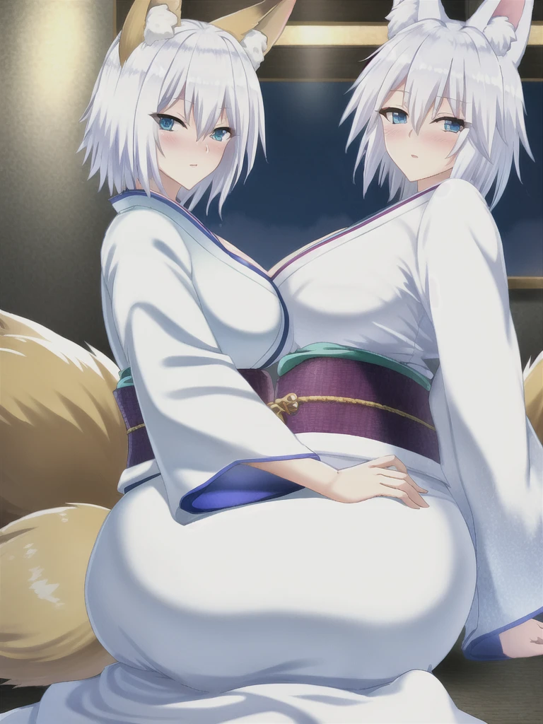 (cute eyes:1.3), (sparkling eyes:1.2), highest quality,wonderful,finely,extremely detailed CG Unity 8K wallpaper, (2 Girls), (white hair, pink eyes, short hair, straight hair, nekomimi, (clothed)), (skinny body:1.3),(huge breasts), (japanese ninja:1.2), golden pattern cheongsam), (cum on nipple:1.2),(torn clothes:1.4) (open mouth:1.1), (embarrassed:1.1), (Black knee socks:1.1),(Thighs:1.2),(Waistline:1.2), (from above:1.2)