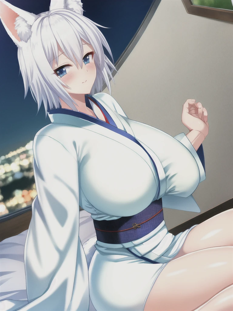 Fox ear, fox tail, white hair, short hair, blue eyes, blush, large breasts, kimono, white kimono, night, looking at viewer, bedroom,