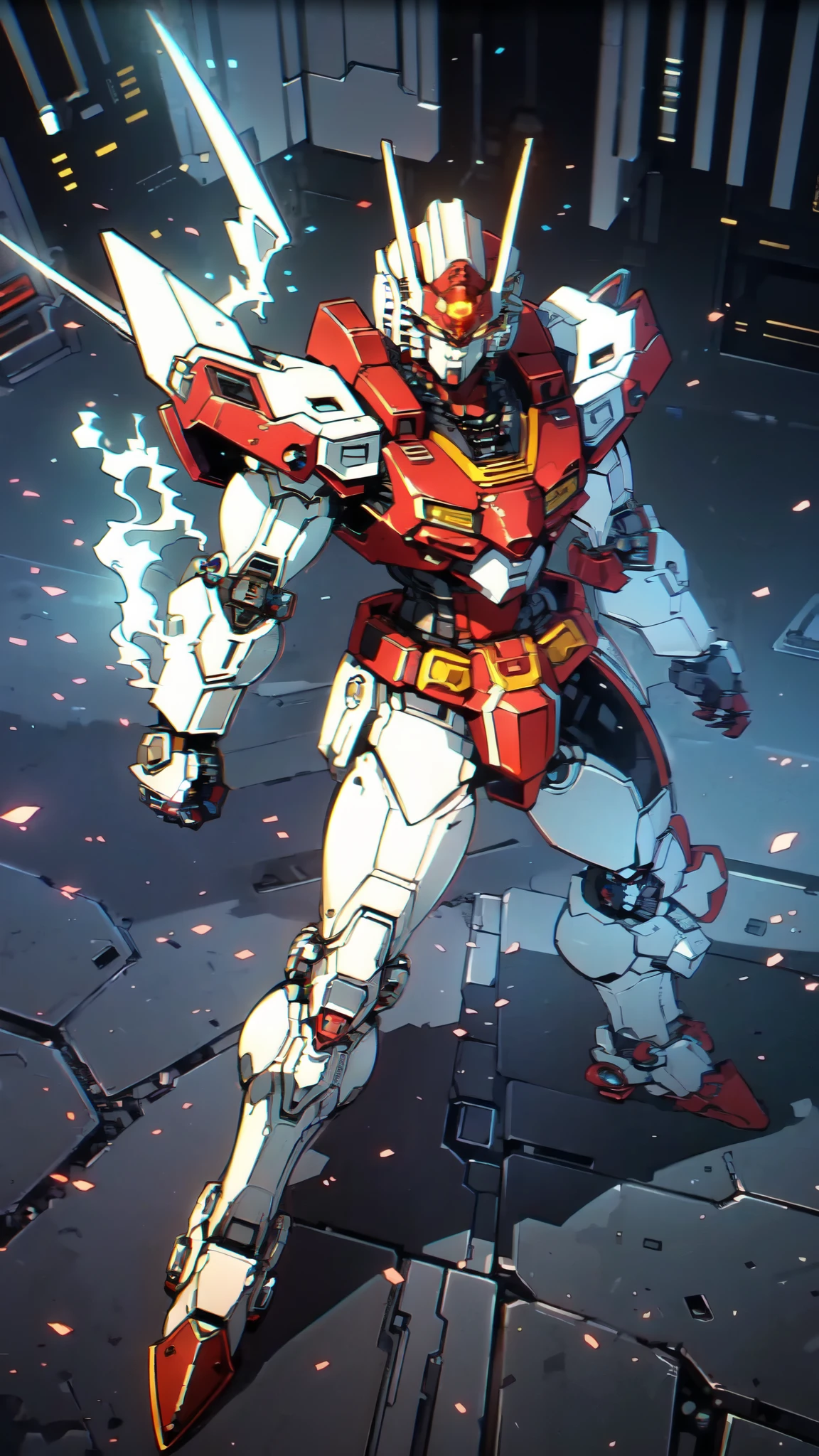 (masterpiece:1.5, best quality:1.5, extremely delicate:1.5), humanoid Mecha, fully enclosed shoulder guards, matching arm and leg guards, full body, full armor, the design balances heavy with agility, (the color scheme is primarily white with red and blue accents, the concept Inspired by Super robot, organic biotech armor, standing, floating high above the futuristic sci-fi city), exquisite and mature art style, (aura effect, energy, glowing eyes, the armor glows), metallic, dramatic, high definition, highres, ultra-detailed, ultra-fine painting, professional, perfect body proportions, anatomically correct, symmetrical face, extremely detailed eyes and face, high quality eyes, creativity, RAW photo, UHD, 32k, Natural light, cinematic lighting, masterpiece-anatomy-perfect