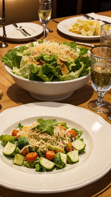 a detailed photo of a caesar salad plate in a paris restaurant, high quality,8k, photorealistic, professional food photography,shiny fresh vegetables,crisp croutons,grated parmesan,creamy caesar dressing,elegant table setting,warm lighting,blurred background,intricate plating