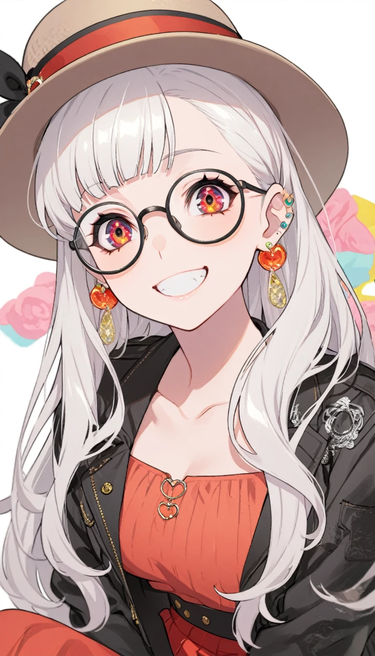 One girl, alone, Long Hair, View your viewers, smile, bangs, 青色のJacket, Red pastel skirt、Red eyes,White hair in the eye、Beautiful eyes that shine、Boater hat、jewelry, Sitting, Jacket, Upper Body, Silver Hair、 earrings, Glasses, teeth, Grin, open Jacket, Earrings, sunGlasses, ring, ear Earrings,色付きGlasses, White Background、White background,Umaibo、Candy