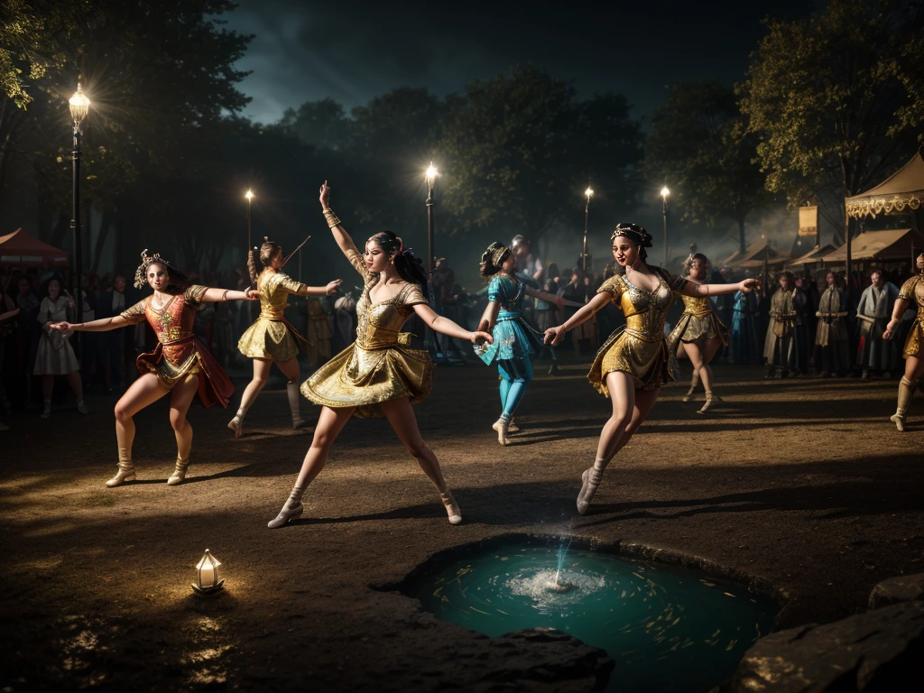8k, elegant, majestic, digital photography, ((masterpiece)), sidelighting, hdr,  vibrant abstraction of a medieval festival, dynamic dancers twirl amidst a sea of vivid, (highly detailed face:1.5), swirling hues, evoking joy and movement. Realistic hands. [The character is surrounded by mist, evoking a mysterious and eerie atmosphere. The lighting is dark and atmospheric, with smoke adding a touch of sinister ambiance. Best quality image, HDR enhancement, showcasing the utmost level of detail and realism, full body shot:1.5]. [8K, Best Quality, Ultra High Resolution, (highly detailed CG unity 8k wallpaper), (best photo), (best shadows), isometric 3D, octane rendering, ray tracing, highly detailed, (Best quality, 4K, 8k:1.2), absurdity, ultra detailed, (realistic, photorealistic, photorealistic:1.37), complex parts, HDR, (complex parts:1.12), (hyper detailed, hyper realistic, Soft lighting, spicy:1.2), (complex parts, Hyper detailed:1.15). Blurred foreground. (backlit), masterpiece, high quality, brightness, chromatic aberration, foggy smoke, shadows, contrast, clear sky, (warm hue, warm tone), high details, natural reflections]. (YES SFW)