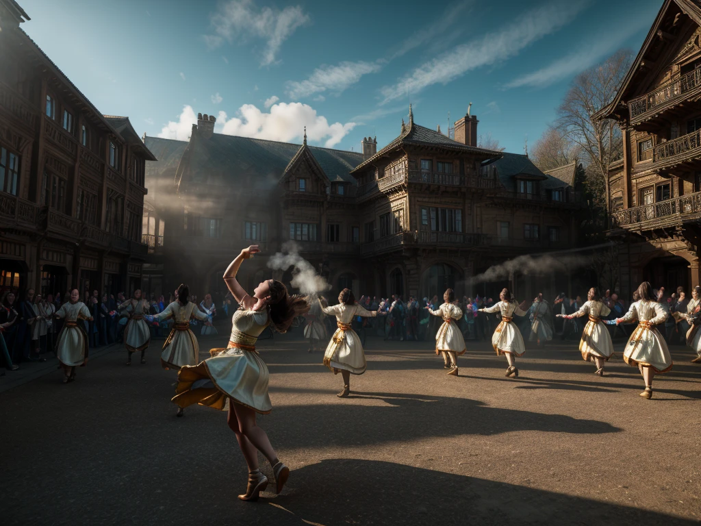 8k, elegant, majestic, digital photography, ((masterpiece)), sidelighting, hdr,  vibrant abstraction of a medieval festival, dynamic dancers twirl amidst a sea of vivid, (highly detailed face:1.5), swirling hues, evoking joy and movement. Realistic hands. [The character is surrounded by mist, evoking a mysterious and eerie atmosphere. The lighting is dark and atmospheric, with smoke adding a touch of sinister ambiance. Best quality image, HDR enhancement, showcasing the utmost level of detail and realism, full body shot:1.5]. [8K, Best Quality, Ultra High Resolution, (highly detailed CG unity 8k wallpaper), (best photo), (best shadows), isometric 3D, octane rendering, ray tracing, highly detailed, (Best quality, 4K, 8k:1.2), absurdity, ultra detailed, (realistic, photorealistic, photorealistic:1.37), complex parts, HDR, (complex parts:1.12), (hyper detailed, hyper realistic, Soft lighting, spicy:1.2), (complex parts, Hyper detailed:1.15). Blurred foreground. (backlit), masterpiece, high quality, brightness, chromatic aberration, foggy smoke, shadows, contrast, clear sky, (warm hue, warm tone), high details, natural reflections]. (YES SFW)
