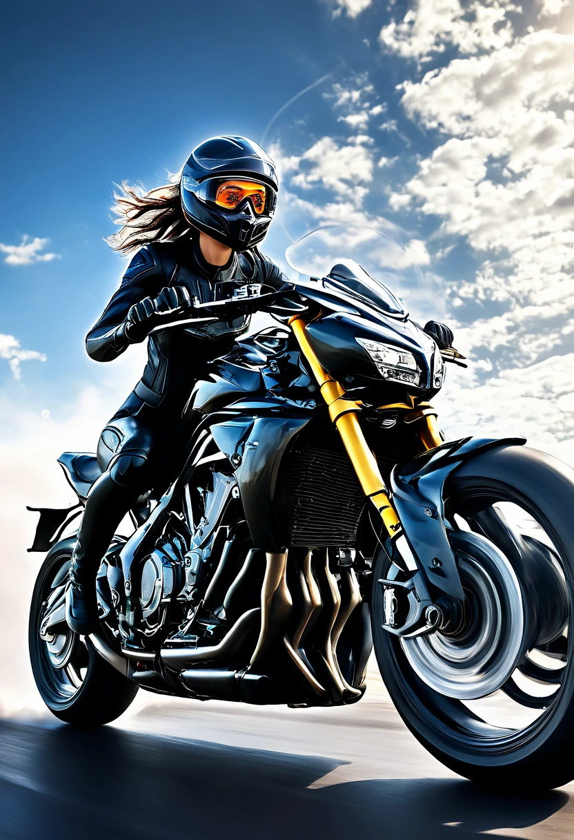 photorealistic of 1girl(stunning goddess beauty in perfect curved body(anatomy accurately:1.0))riding hyper speed motorcycle in the speed of light, riding, futuristic motorcycle, hyper speed, speed of light, light trail behind(light trail:1.2), light trail, iconic racing stance, above light, transparent goggles, clouds background, dynamic angle, cinematic motion, dynamic photoshot, epic realistic, face down, looking down to camera, dramatic light, super detailed, uhd, 8k, wallpaper, insane quality, DSLR photoshot, in tight black shining body suit, from below view, low angle,shoot from below, futuristic_monstrous_motorcycle, V8 engine, full_body_augmented, heavy_weaponry, perfect architect, red_black_color, heavy_smoke, motion blur, UHD,epic Realism, ultra detailed, cinematic portrait, 265/50/17 tires, debris, bullet rain, ricochets effect, sparks.