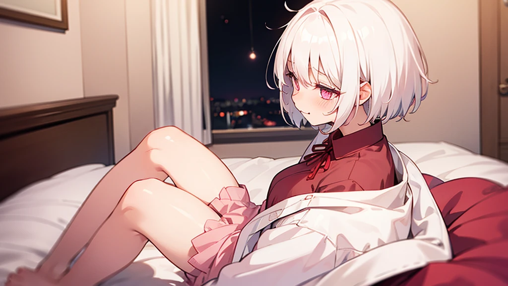 White Hair Girl、Pink Eyes、Short Hair、Only one girl、Night、In the bedroom、Blushing、laughing、Excited、Just One、Sitting on the bed、Sweating、Red ribbon on the right side of the head