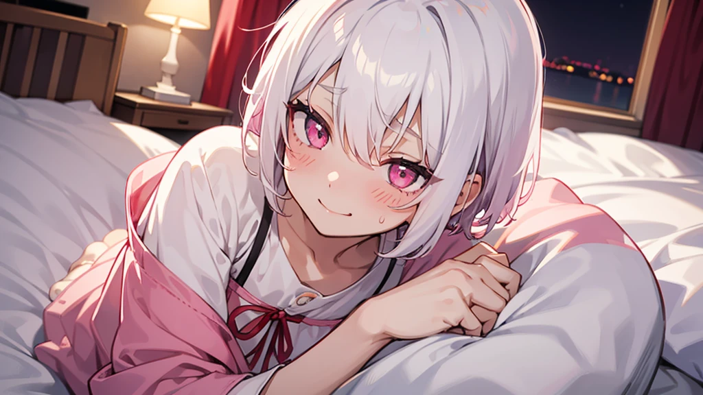 White Hair Girl、Pink Eyes、Short Hair、Only one girl、Night、In the bedroom、Blushing、laughing、Excited、Just One、Sitting on the bed、Sweating、Red ribbon on the right side of the head