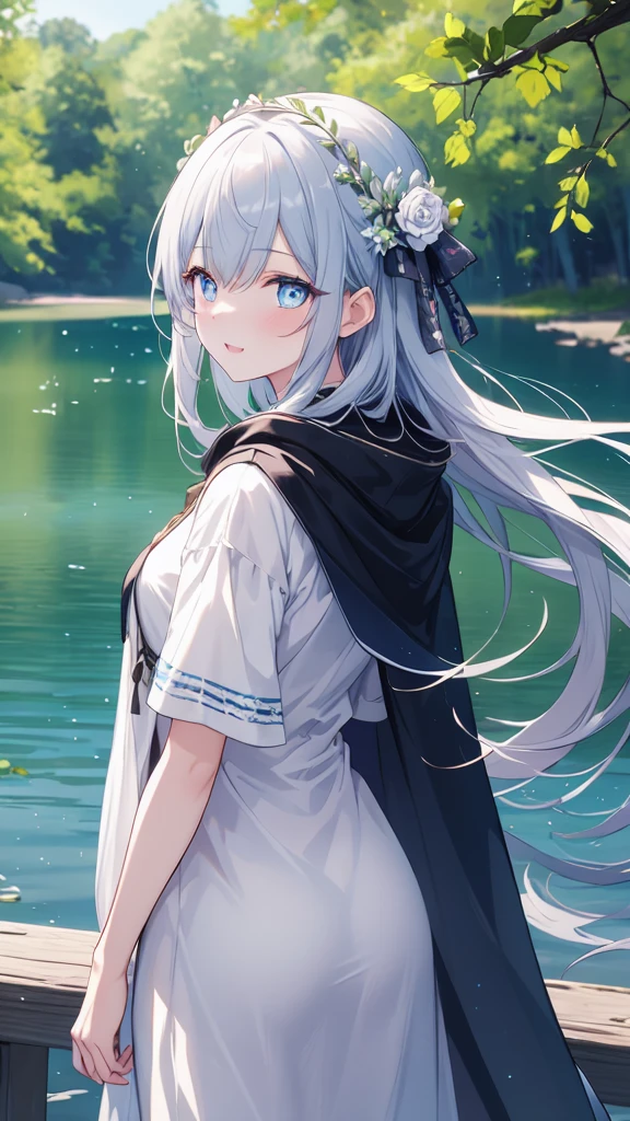 (8k, best quality, master piece: 1.2),super high resolution,1 girl, 独奏, ((colorshift eyes, hyperdetailed, expressive eyes)), ultra-detailed face, random hair, random color, Ecstatic expression, Back view, Standing by a quiet lake in the woods、Girl gazing at the lake。Her shadow is reflected on the lake。Flowing chiffon dress、Long cape on the back、Natural flowers in hair々Woven flower crown。