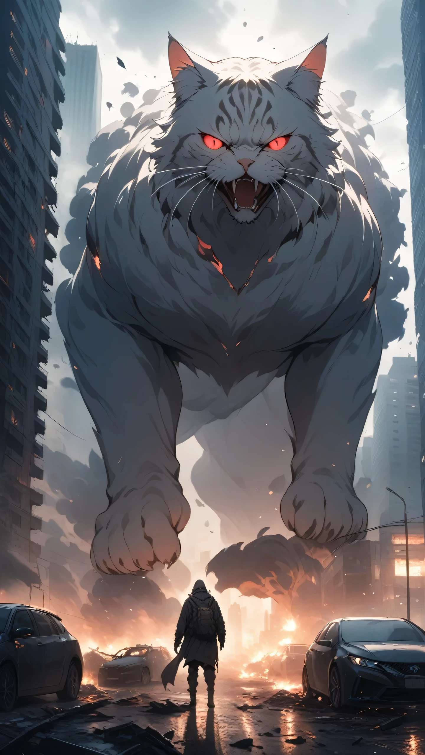 A giant cat destroying a city, detailed  cat with glowing red eyes, angry, massive cat body towering over buildings, paws crushing cars and structures, chaos and destruction in the city, cinematic lighting, dramatic camera angles, dark moody color palette, gritty post-apocalyptic atmosphere, 8k, masterpiece