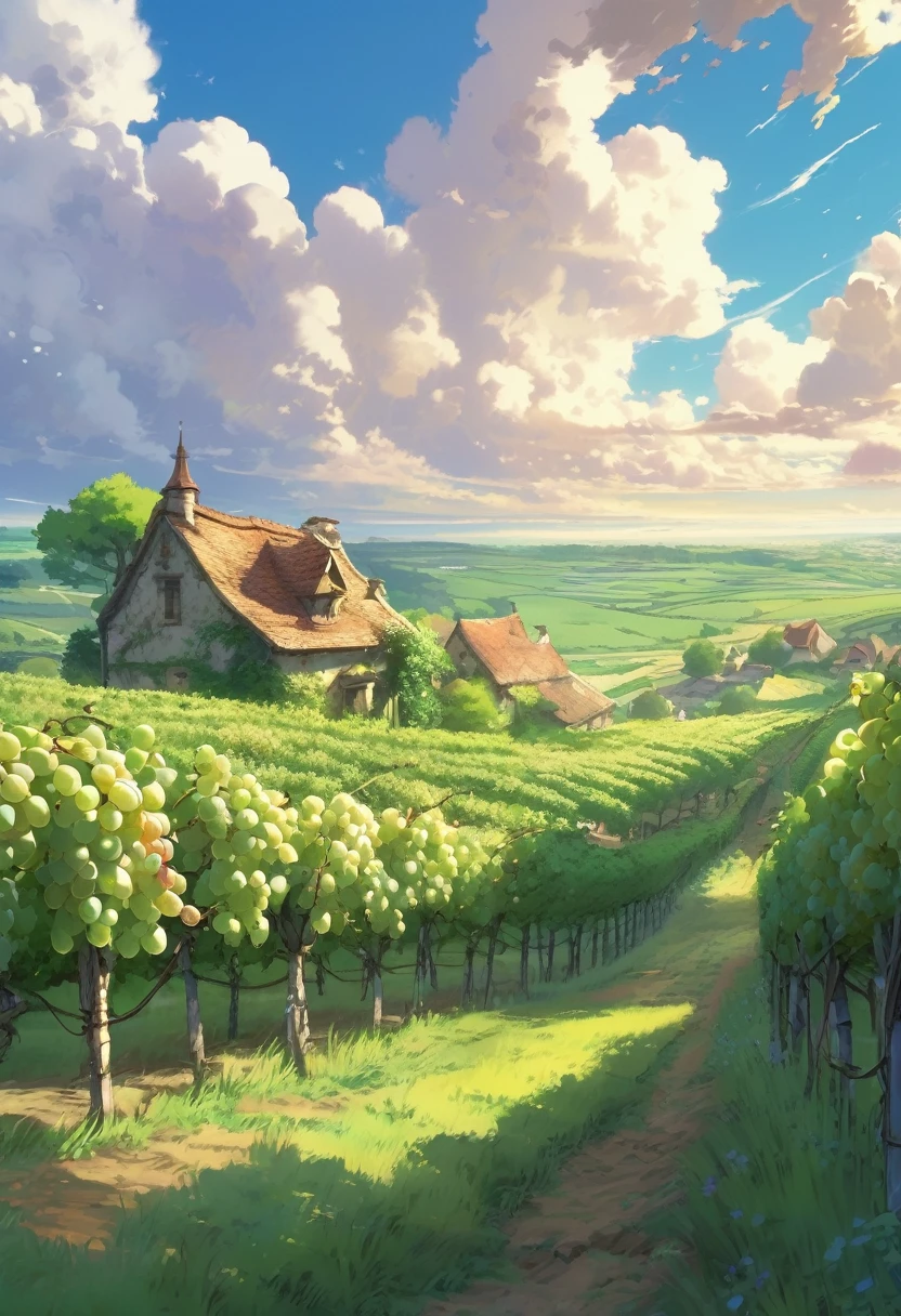 French countryside, Medieval farm field countrysides growing grapes, fantasy farmland, rural color scheme only, Heavenly colors only, White, Made in Abyss, Stormlight Archive, Studio Ghibli, Anime Key Visual, by Makoto Shinkai, Deep Color, Intricate, 8k resolution concept art, Natural Lighting, Beautiful Composition