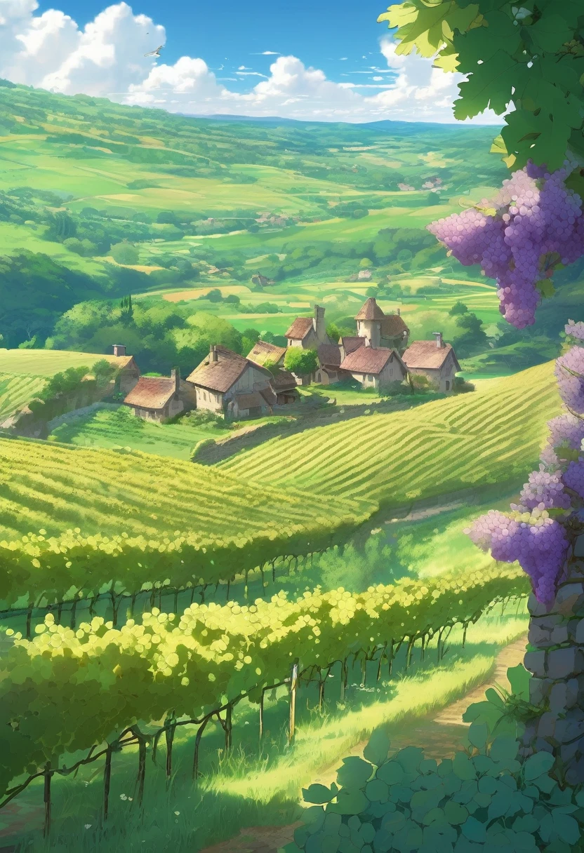 French countryside, Medieval farm field countrysides growing grapes, fantasy farmland, rural color scheme only, Heavenly colors only, White, Made in Abyss, Stormlight Archive, Studio Ghibli, Anime Key Visual, by Makoto Shinkai, Deep Color, Intricate, 8k resolution concept art, Natural Lighting, Beautiful Composition