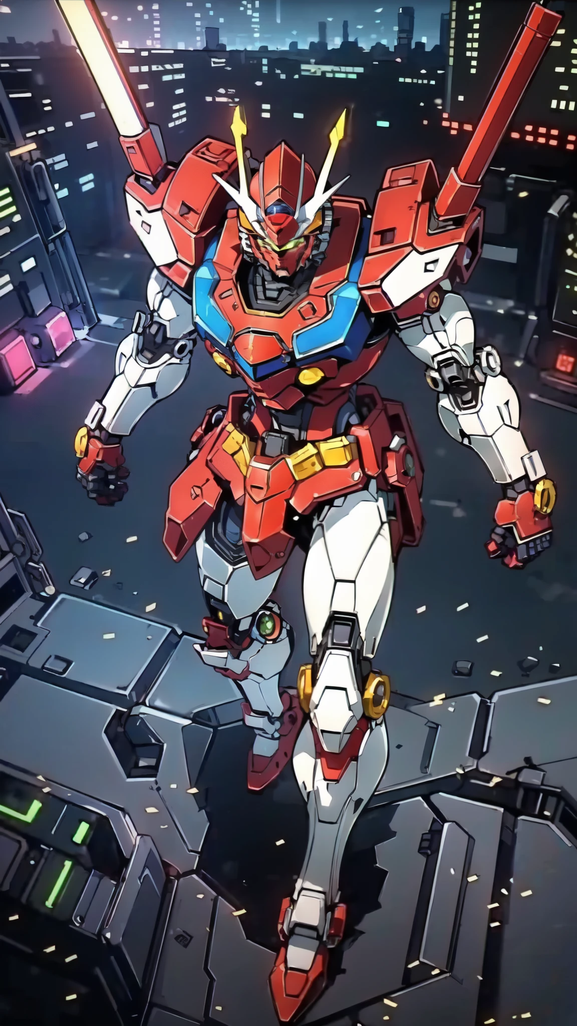 (masterpiece:1.5, best quality:1.5, extremely delicate:1.5), humanoid Mecha, fully enclosed shoulder guards, matching arm and leg guards, full body, full armor, the design balances heavy with agility, (the color scheme is primarily white with red and blue accents, the concept Inspired by Super robot, organic biotech armor, standing, floating high above the futuristic sci-fi city), exquisite and mature art style, (aura effect, energy, glowing eyes, the armor glows), metallic, dramatic, high definition, highres, ultra-detailed, ultra-fine painting, professional, perfect body proportions, anatomically correct, symmetrical face, extremely detailed eyes and face, high quality eyes, creativity, RAW photo, UHD, 32k, Natural light, cinematic lighting, masterpiece-anatomy-perfect