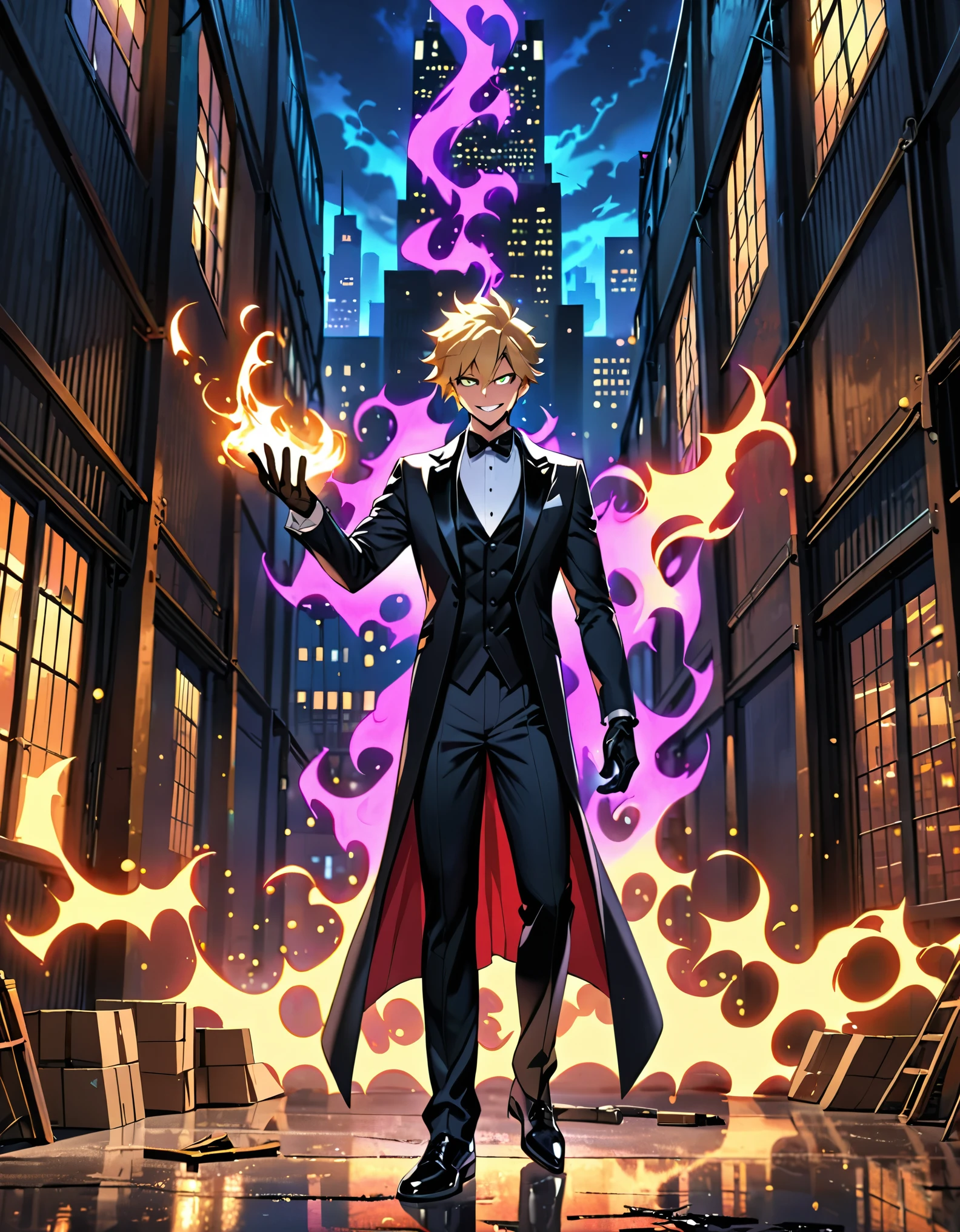 (masterpiece), (best quality), (high res), (solo, solo focus), 1male, male focus, magic, magician, neon black tuxedo, blonde hair, short hair, combed back hair, hazel eyes, raised arms, casting a spell, matching black gloves, black shoes, new york backdrop, midnight, warehouse, indoors, standing, evil grin, (his body surrounded by non-green aura), full-body costume design.