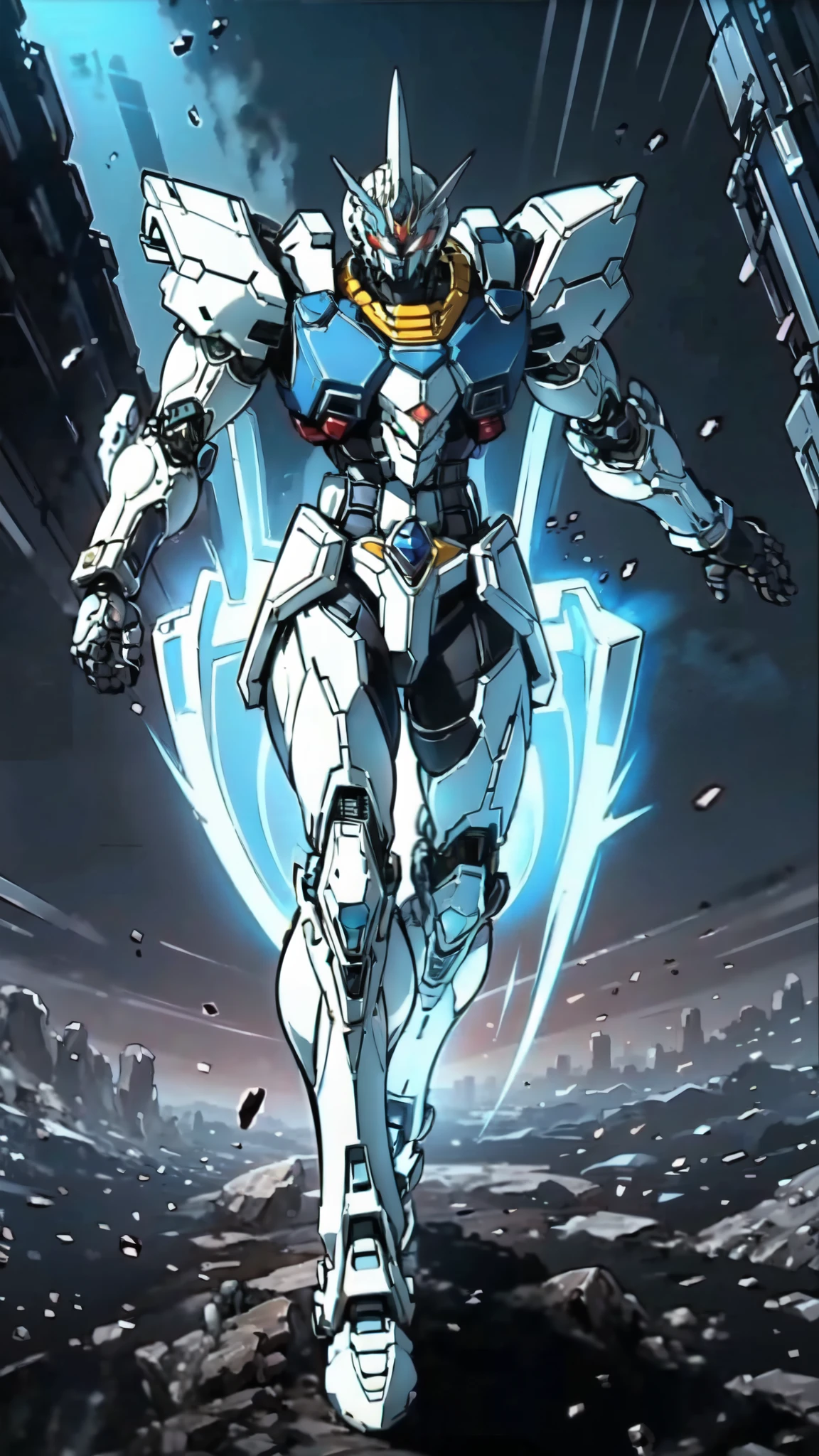 (masterpiece:1.5, best quality:1.5, extremely delicate:1.5), humanoid Mecha, fully enclosed shoulder guards, matching arm and leg guards, full body, full armor, the design balances heavy with agility, (the color scheme is primarily white with red and blue accents, the concept Inspired by Super robot, organic biotech armor, standing, floating high above the futuristic sci-fi city), exquisite and mature art style, (aura effect, energy, glowing eyes, the armor glows), metallic, dramatic, high definition, highres, ultra-detailed, ultra-fine painting, professional, perfect body proportions, anatomically correct, symmetrical face, extremely detailed eyes and face, high quality eyes, creativity, RAW photo, UHD, 32k, Natural light, cinematic lighting, masterpiece-anatomy-perfect