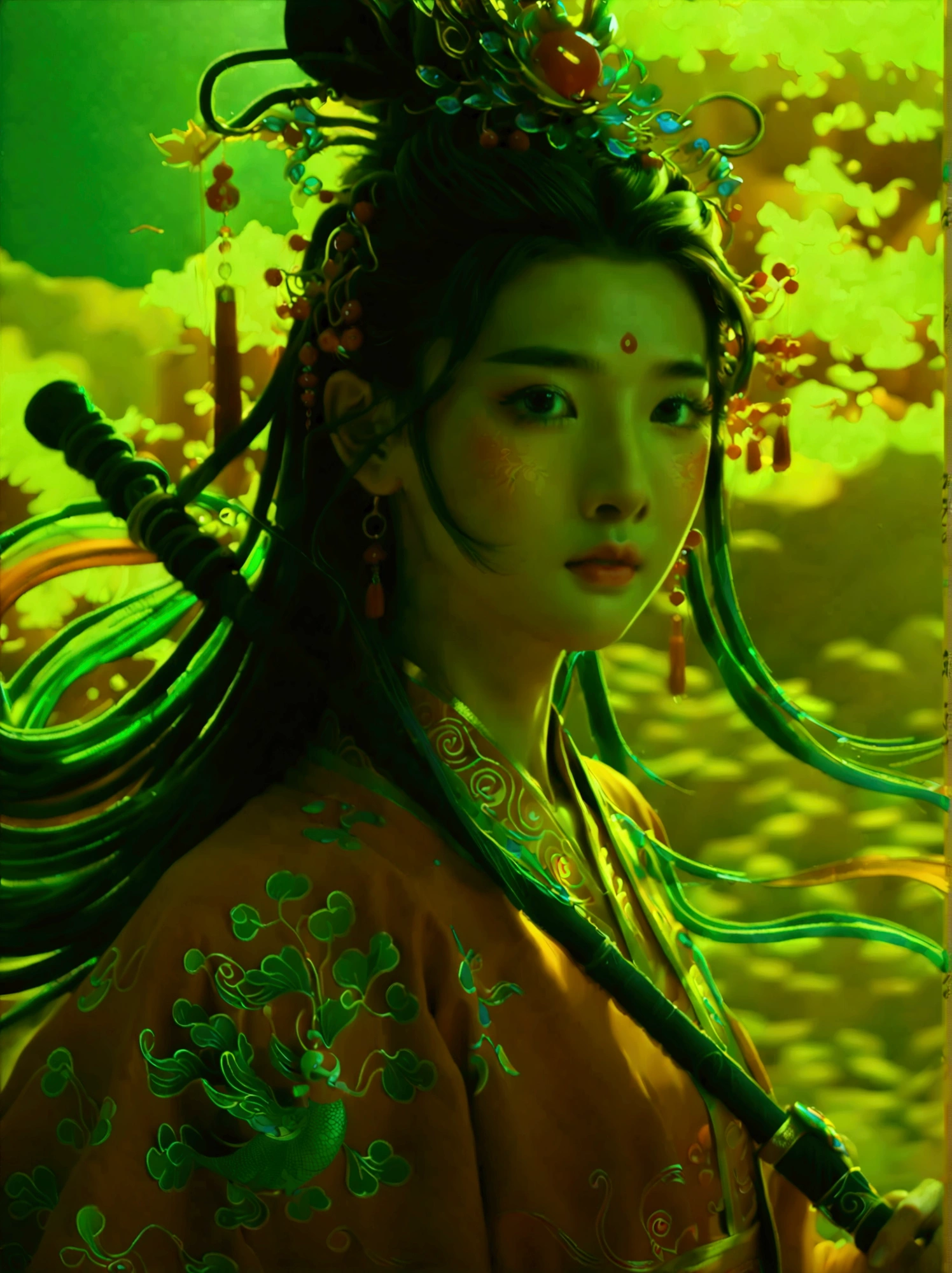Chinese style,Ancient battlefield,Chinese female general,Holding a long sword,Grim expression,whole body,Stunning facial features,Red robe,armor,boots,Yellow sand in the sky,Fire,Game Model,stunning light and shadow,OC Rendering,Rim Light,Delicate light,Super Fine,Epic Composition,Ultra HD,(Aesthetics and aesthetics:1.2),(Fractal Art:1.3),(Chinese girl's facial features:1.8),(Front view:1.9),(以广角镜头拍摄whole body的顶级摄影师作品:1.5),Looking at the audience,(Rainbow hair,Hair color,Half blue and half pink hair:1.2),masterpiece,Best quality,Anatomically correct,Textured Skin,Super Detail,8k,high resolution,Vibrant colors, Thick Line, wave, Multi-layer, prospect, view, fractal thunder dan mumford , Dan Mumford and Alex Grey Styles, Inspired by Cyril Rolando,Psychedelic Surreal Art, Surreal psychedelic design, Dream Art Style, Psychedelic Art, Infinite psychedelic waves