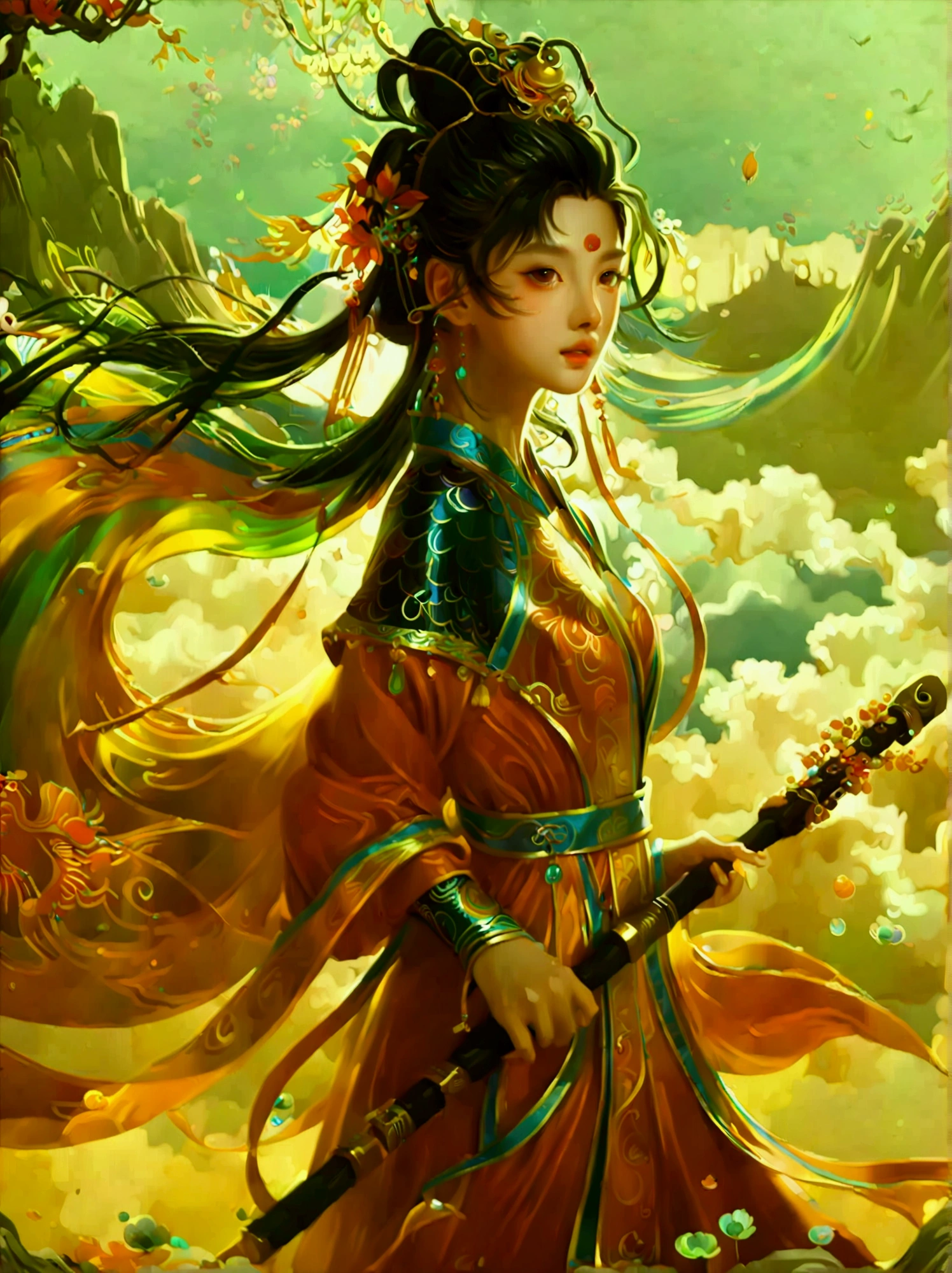 Chinese style,Ancient battlefield,Chinese female general,Holding a long sword,Grim expression,whole body,Stunning facial features,Red robe,armor,boots,Yellow sand in the sky,Fire,Game Model,stunning light and shadow,OC Rendering,Rim Light,Delicate light,Super Fine,Epic Composition,Ultra HD,(Aesthetics and aesthetics:1.2),(Fractal Art:1.3),(Chinese girl's facial features:1.8),(Front view:1.9),(以广角镜头拍摄whole body的顶级摄影师作品:1.5),Looking at the audience,(Rainbow hair,Hair color,Half blue and half pink hair:1.2),masterpiece,Best quality,Anatomically correct,Textured Skin,Super Detail,8k,high resolution,Vibrant colors, Thick Line, wave, Multi-layer, prospect, view, fractal thunder dan mumford , Dan Mumford and Alex Grey Styles, Inspired by Cyril Rolando,Psychedelic Surreal Art, Surreal psychedelic design, Dream Art Style, Psychedelic Art, Infinite psychedelic waves