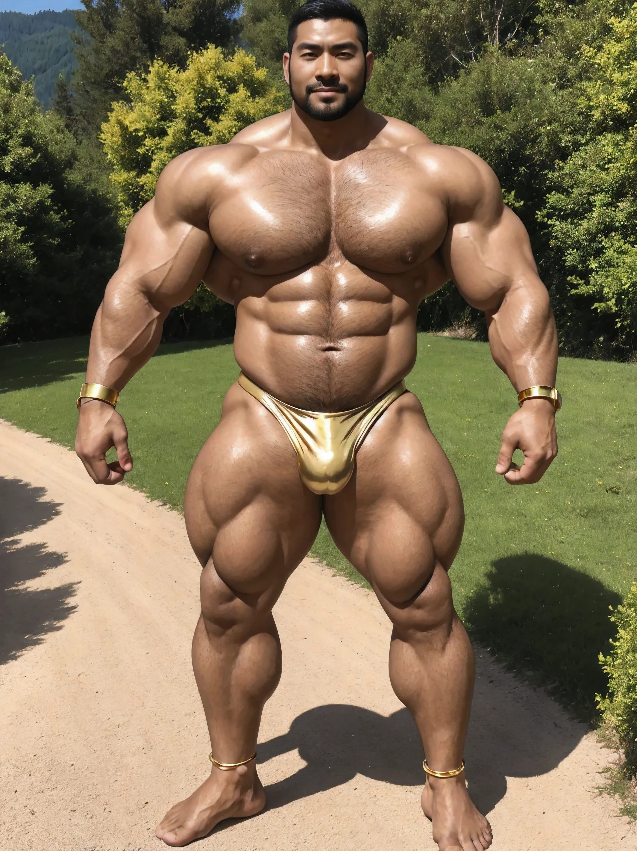 There is only one handsome Chinese man in the photo,35 years old,tall, Fitness,Smooth body,Smooth skin,No chest hair,short hair, O-Shaped Beard,Perfect body, Dark skin color,Radiant Skin,Smooth skin,Shiny, shiny skin,Smooth pectoral muscles,Muscle bulge, muscular, Very large pectoral muscles,Very sexy abdominal muscles,Very well-developed leg muscles,Huge concave and convex area,Brightens oily skin,Wearing a shiny gold leather thong,Handsome face,Normal human toes,Correct and accurate male body proportions,Gold Collar,Gold bracelet,Gold anklets,Standing in the Swiss landscape。
