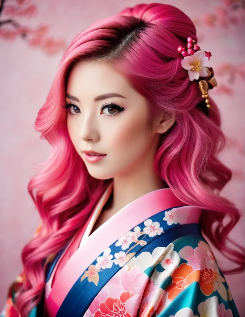 Very attractive 25 year old female with long wavy bright pink hair, wearing traditional japanese kimono, photo quality