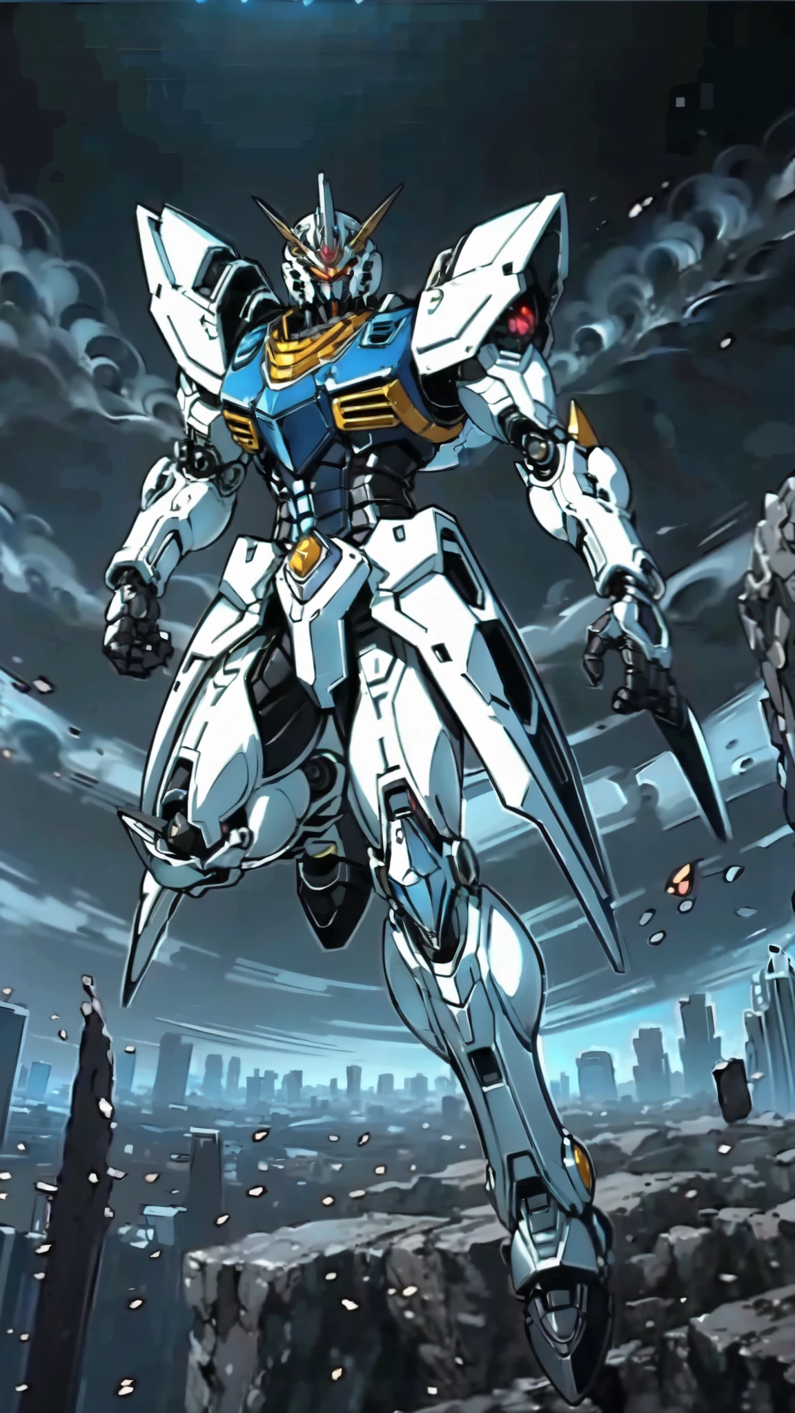 (masterpiece:1.5, best quality:1.5, extremely delicate:1.5), humanoid Mecha, fully enclosed shoulder guards, matching arm and leg guards, full body, full armor, the design balances heavy with agility, (the color scheme is primarily white with red and blue accents, the concept Inspired by Super robot, organic biotech armor, standing, floating high above the futuristic sci-fi city), exquisite and mature art style, (aura effect, energy, glowing eyes, the armor glows), metallic, dramatic, high definition, highres, ultra-detailed, ultra-fine painting, professional, perfect body proportions, anatomically correct, symmetrical face, extremely detailed eyes and face, high quality eyes, creativity, RAW photo, UHD, 32k, Natural light, cinematic lighting, masterpiece-anatomy-perfect