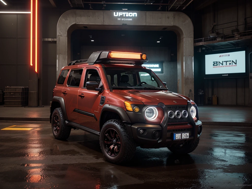 detailed modern futuristic UAZ Hunter in rusty-red color for city with perfomance version with a classic look, highly detailed, cinematic lighting, hyper realistic, 8k, photorealistic, best quality, cinematic composition, dramatic atmosphere, advanced technology, glowing holographic displays, sleek metallic surfaces, advanced aerodynamic design, complex machinery, intricate details, elegant curves, vivid colors, neon highlights, advanced digital interface, seamless integration of technology