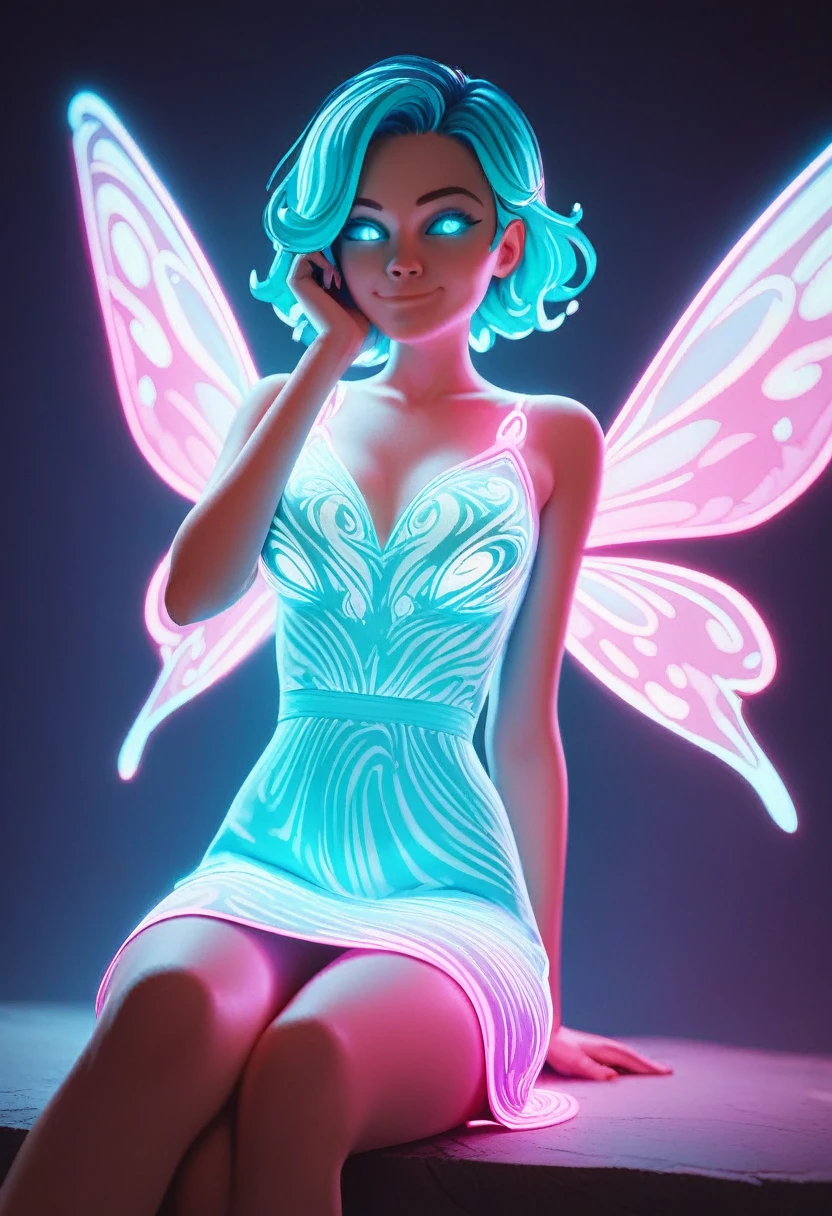 score_9_up, score_8_up, score_7_up, source_cartoon, night sky, pixie, glowing-neon-butterfly-wings, ((glowing-neon-dress)), glowing-neon-hair, 1girl, glowing-eyes, devious smile, sitting seductively, flirting