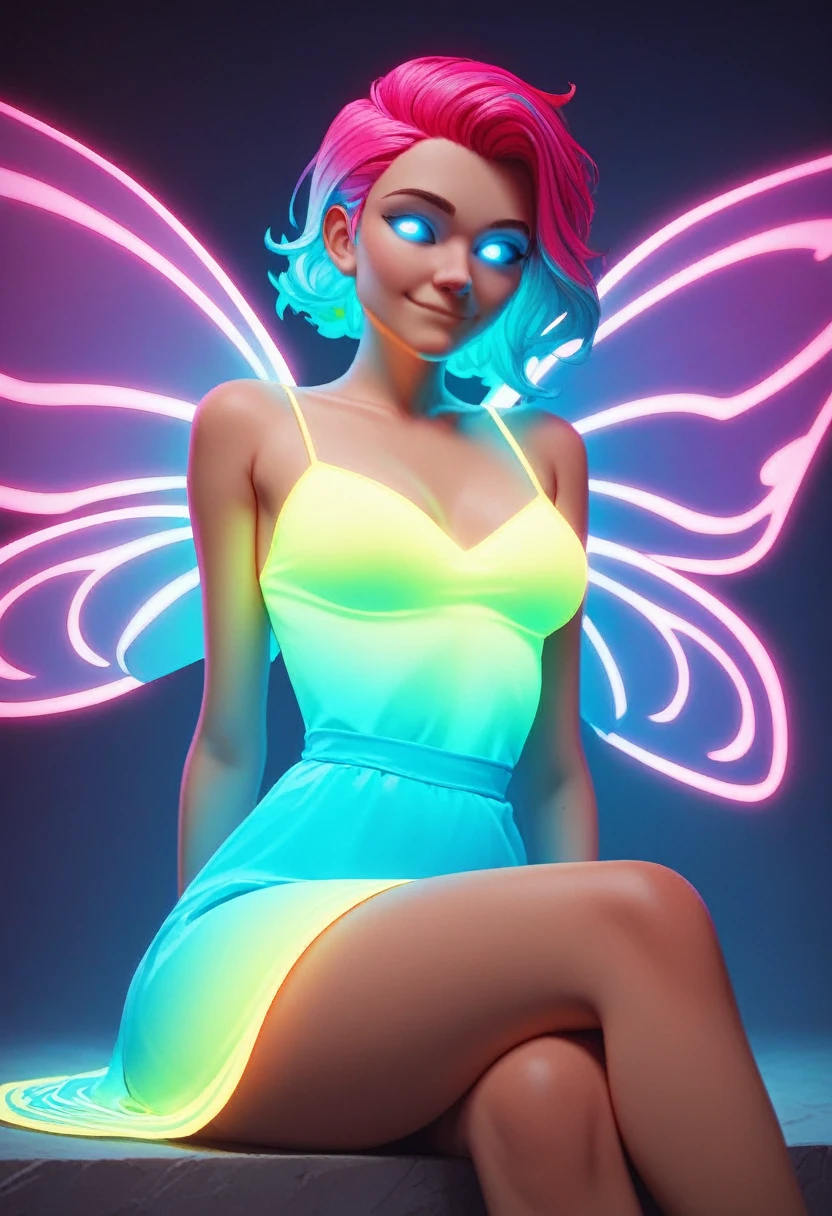 score_9_up, score_8_up, score_7_up, source_cartoon, night sky, pixie, glowing-neon-butterfly-wings, ((glowing-neon-dress)), glowing-neon-hair, 1girl, glowing-eyes, devious smile, sitting seductively, flirting