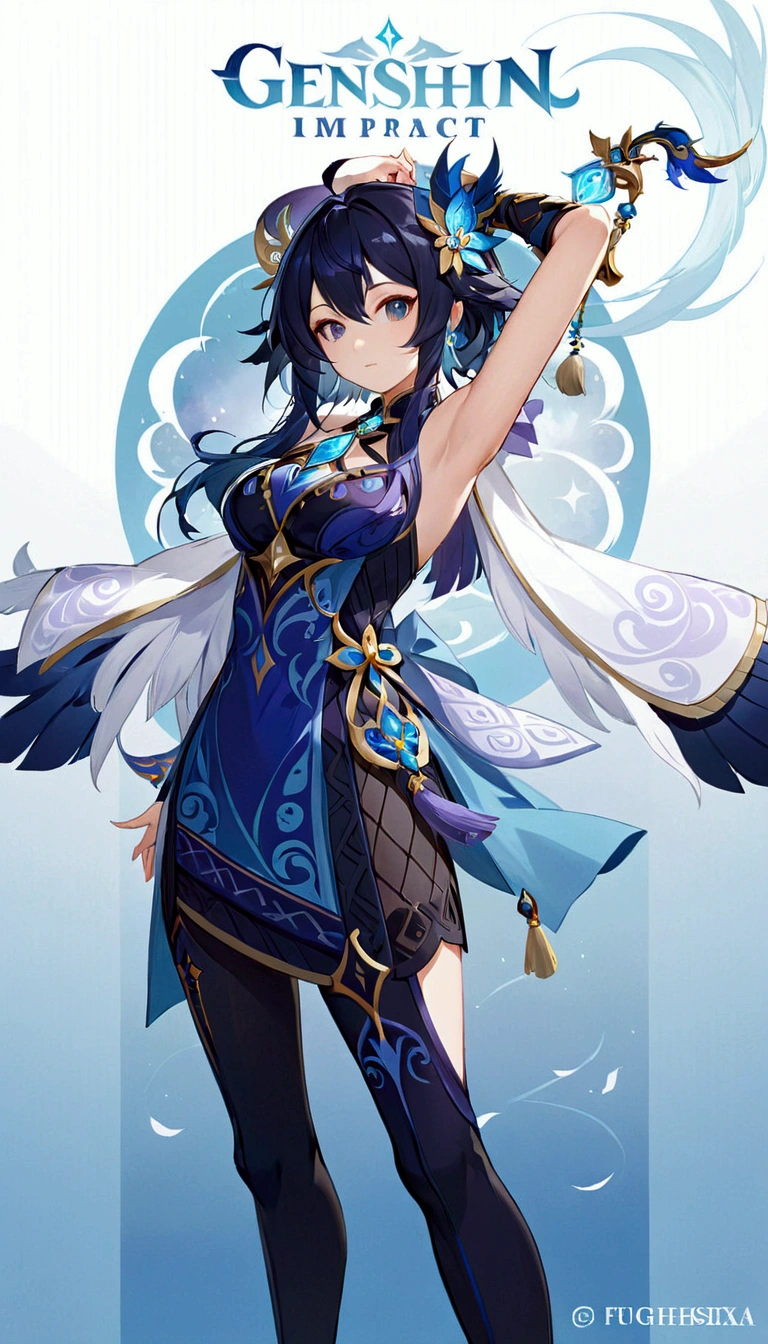 anime character with a sword and wings in a blue dress, full body xianxia, ayaka genshin impact, keqing from genshin impact, black - haired mage, full portrait of elementalist, ayaka game genshin impact, beautiful celestial mage, lunar themed attire, fus rei, clothes themed on a peacock mage, fullbody commission for
