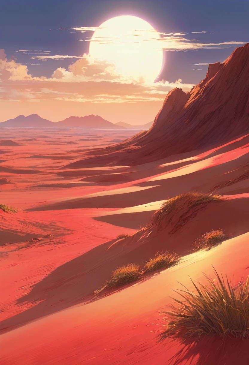 The peaceful desert, A Sandy Desert flat with Bioluminescent veins flowing, flat Desert, Red and Gold color scheme only, Red and Gold colors only, Red and Gold, Made in Abyss, Stormlight Archive, Studio Ghibli, Anime Key Visual, by Makoto Shinkai, Deep Color, Intricate, 8k resolution concept art, Natural Lighting, Beautiful Composition, Xianxia style