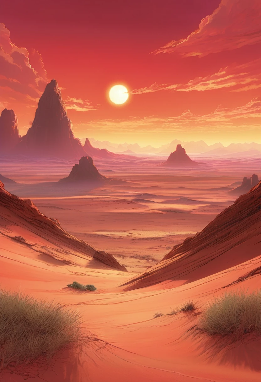 The peaceful desert, A Sandy Desert flat with Bioluminescent veins flowing, flat Desert, Red and Gold color scheme only, Red and Gold colors only, Red and Gold, Made in Abyss, Stormlight Archive, Studio Ghibli, Anime Key Visual, by Makoto Shinkai, Deep Color, Intricate, 8k resolution concept art, Natural Lighting, Beautiful Composition, Xianxia style