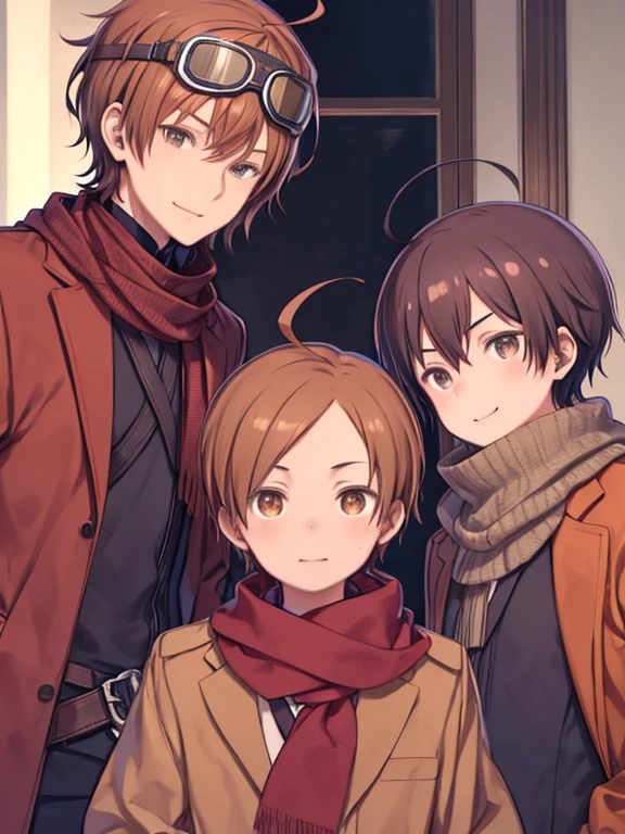 One Boy、short hair、Straight Hair、Flat Hair、((put goggles on your head))、Brown Hair、Brown eyes、(Three scarves around the neck)、Red scarf、Orange muffler、White scarf、Red coat、A coat fastened with three belts、Smiling、Red Repsonator、Long sleeve、Shorts、Upper Body、Forehead、Ahoge、