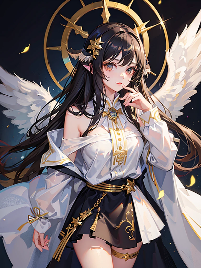 Young beautiful girl angel,golden shining eyes, long black wavy hair, white simple clothes, cute wings, White Horns, innocence