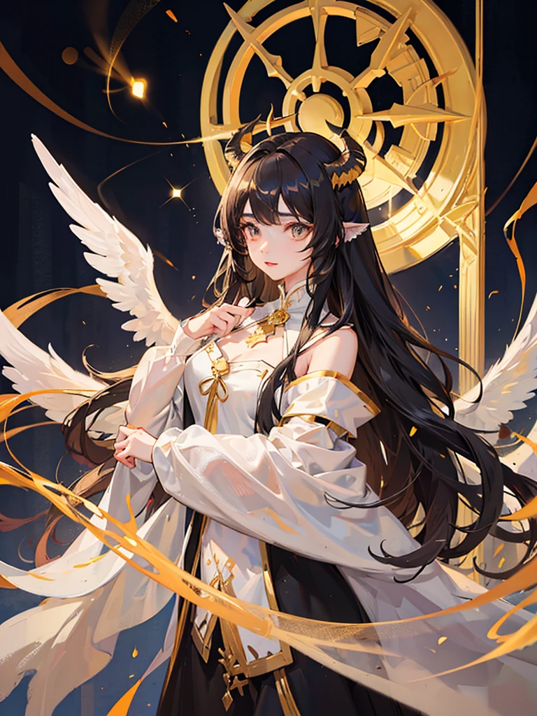 Black and white robes，Golden eyes，feather-adorned，brunette color hair，With a petite figure，quill，Water sleeves，Bare legged，cropped shoulders，Sweet smiling，long whitr hair，Eau，cropped shoulders