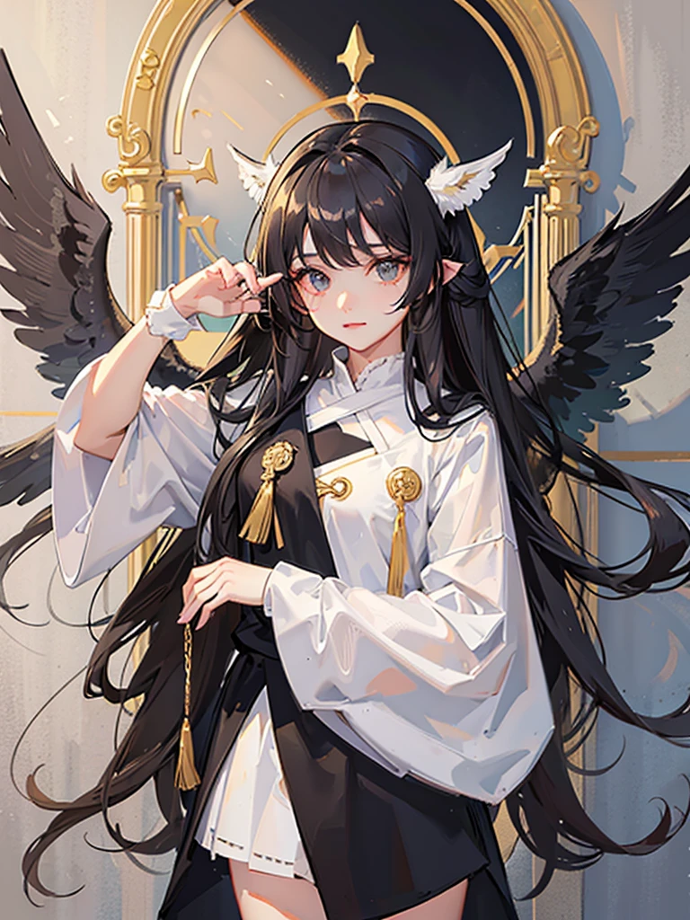Young beautiful girl angel,golden shining eyes, long black wavy hair, white simple clothes, cute wings, White Horns, innocence