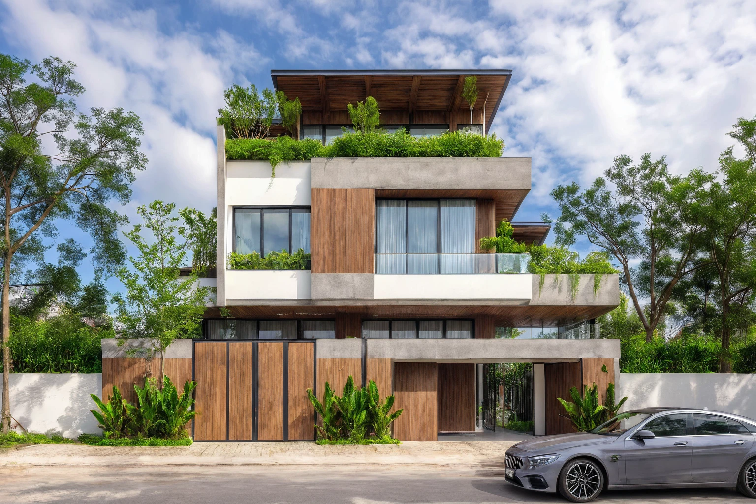 Raw photo,Masterpiece, high quality, best quality, authentic, super detail, outdoors, house style modern,bietthuhn, white wall, glass windows, gate road,pavement, grass, trees, sky, cloud, (day:1.1),