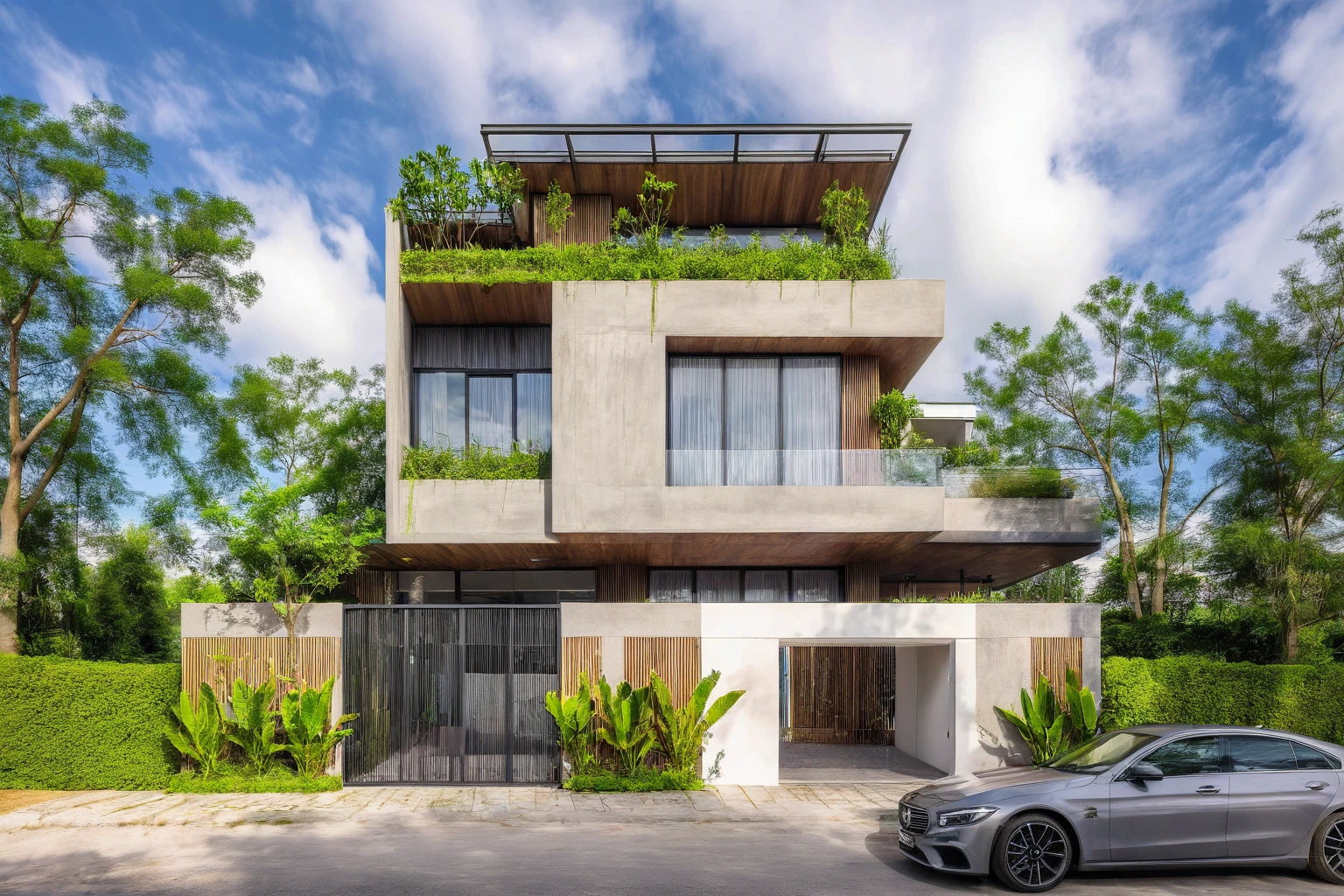 Raw photo,Masterpiece, high quality, best quality, authentic, super detail, outdoors, house style modern,bietthuhn, white wall, glass windows, gate road,pavement, grass, trees, sky, cloud, (day:1.1),