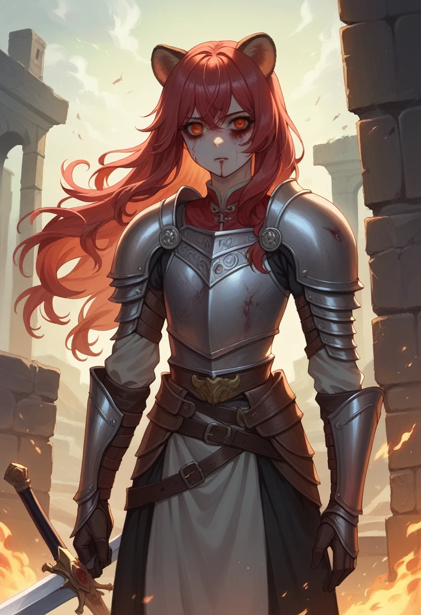 ((best quality)), ((masterpiece)), (detailed), perfect face, Highly detailed face, detailed eyes, (looking at viewer:1.2), (red hair), bangs, ((hair over shoulder)), floating hair, raccoon ears, The armor worn by medieval Western knights, the shiny design, the toned waist, the fantasy novels, the powerful gaze, ((she holds a long, huge sword that shines red)), fantasy art, bloody armor, burning ruins, flat chest