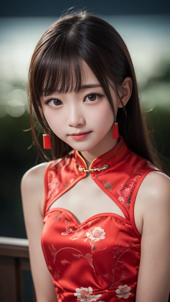 masutepiece, Best Quality, 8K, , Raw photo, absurderes, award winning portrait, Smile, Solo, (Night:1.8), Idol face, violaceaess, Delicate girl, Upper body, Digital SLR, Looking at Viewer, Candid, Sophisticated,Thin arms, Professional Lighting, Film grain, chromatic abberation, (Eyes and faces with detailed:1.0), (Bokeh:1.1) , (red qipao dress:1.2) , closes mouth