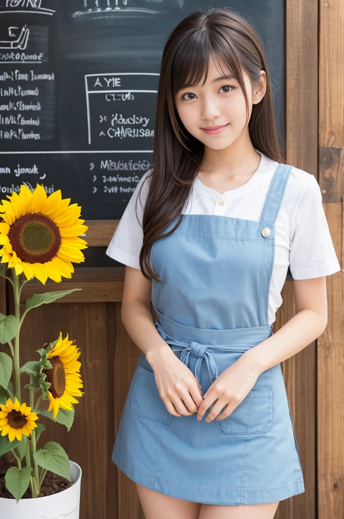 A 20-year-old girl working at a flower shop（Wearing a miniskirt and apron）have a sunflower