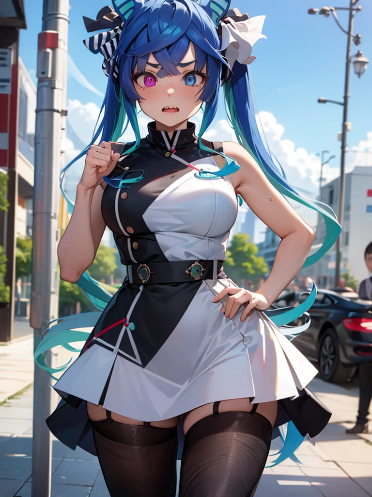 (Masterpiece, best quality, high res、highly detailed cg: 1), In a foreign land where I don't understand the language, a prostitute approaches me. We don't understand each other's words, but it's clear what she's offering from her actions and demeanor. Twin_Turbo_Umamusume, aqua hair, twintails, heterochromia, purple eyes, blue eyes, sharp teeth,hores tails, nsfw