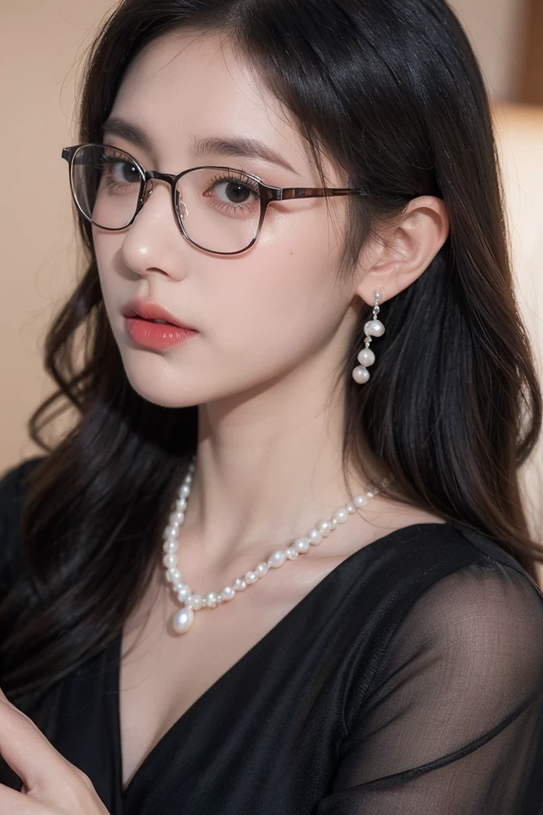 Beautiful woman looking down at her phone, close-up profile of her face, woman in black dress, pearl earrings and necklace, frameless glasses, intense and eager gaze, high-quality realistic portrait photos, natural skin tone, soft lighting, shallow depth of field, photo level realism, 8k, super details, complex details