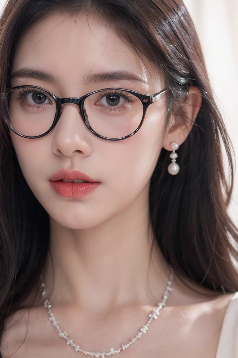 Beautiful woman looking down at her phone, close-up profile of her face, woman in black dress, pearl earrings and necklace, frameless glasses, intense and eager gaze, high-quality realistic portrait photos, natural skin tone, soft lighting, shallow depth of field, photo level realism, 8k, super details, complex details