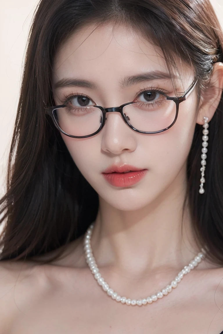 Beautiful woman looking down at her phone, close-up profile of her face, woman in black dress, pearl earrings and necklace, frameless glasses, intense and eager gaze, high-quality realistic portrait photos, natural skin tone, soft lighting, shallow depth of field, photo level realism, 8k, super details, complex details