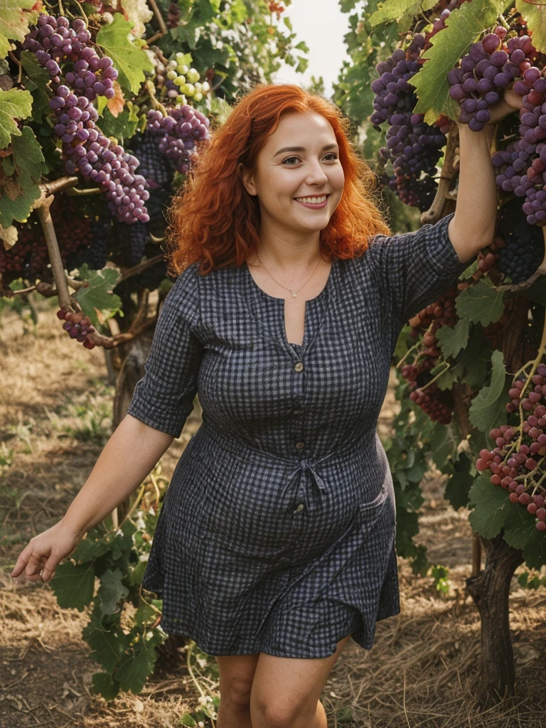 Xyrele, 1girl, solo, 30 years old, (((French face))), (((French nose))), (((French lips))), ((((chubby)))), (((wide hips))), (((red hair))), crinkly short hair, wearing checkered black designed modern dress wear, ((Background: Harvesting grapes during the grape-picking season)), ((upper body and upper legs)), smiling