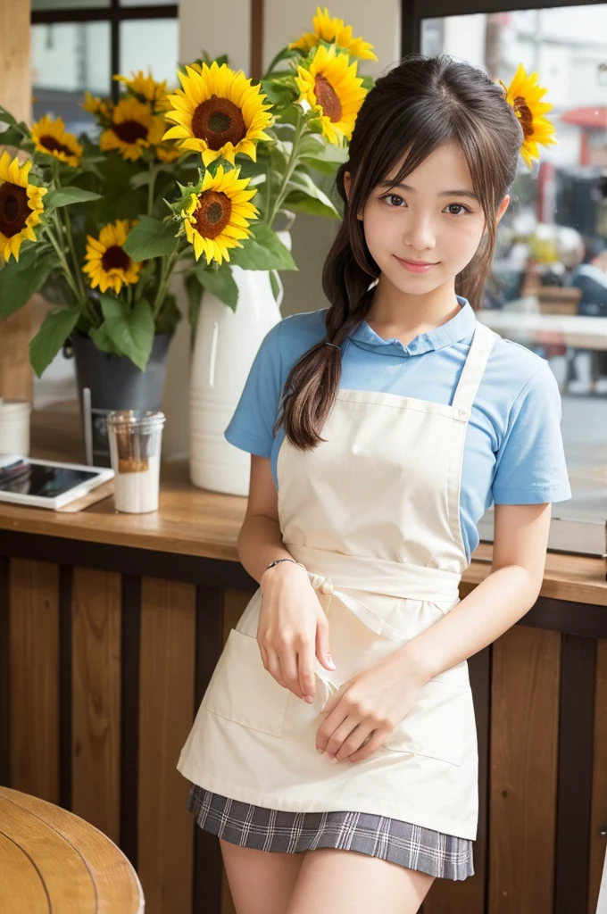 20 years old girl (Japanese cute face) is wearing mini skirt and white apron and working at the cafe with sunflowers
