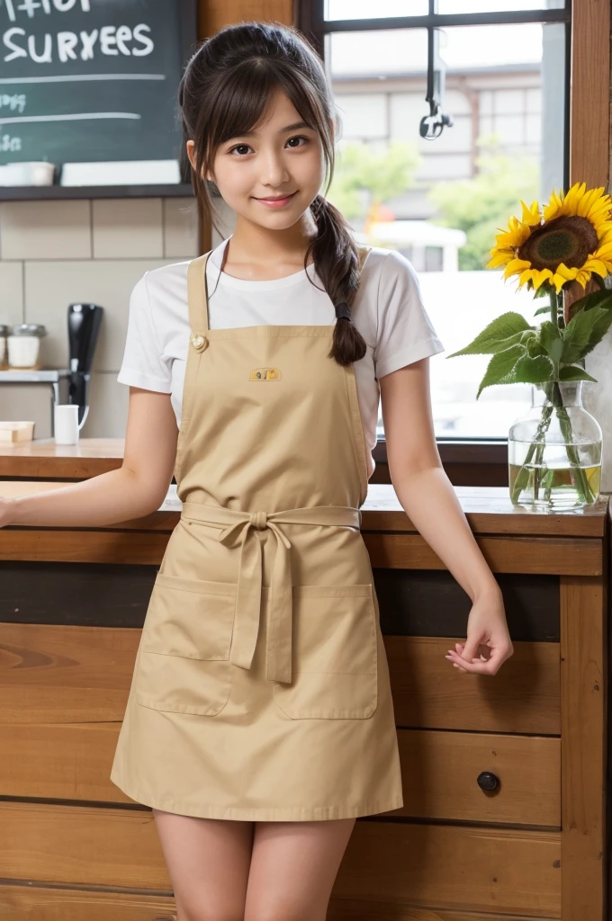 20 years old girl (Japanese cute face) is wearing mini skirt and white apron and working at the cafe with sunflowers